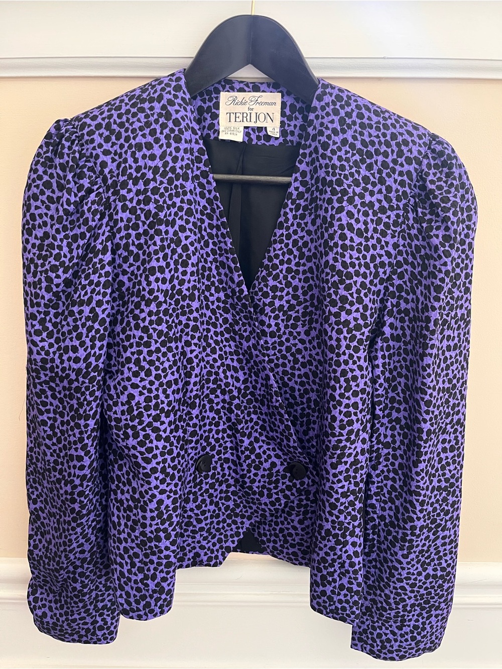 RICKIE FREEMAN FOR TERI JON PURPLE & BLACK ANIMAL PRINT BLAZER| 100% SILK|SIZE 4
